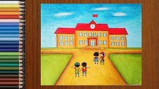 School Drawing  How To Draw a School Scene Step by Step for Kids [upl. by Farnham]