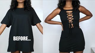 DIY Lace Up Bodycon Dress  TShirt Transformation [upl. by Ettereve875]