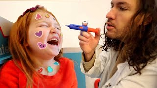 Adley has STiCKER POX Brave Doctor visit with Nurse Mom and 2 Shots from Dr Dad new play pretend [upl. by Polard]