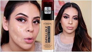 NEW LOREAL INFALLIBLE FRESH WEAR 24HR FOUNDATION FIRST IMPRESSION REVIEW amp DEMO  JuicyJas [upl. by Sumahs]