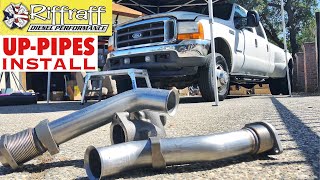 2001 F350 73  RiffRaff UpPipes Install  Stock up pipes leaking and falling apart JUNK SP [upl. by Ylak]