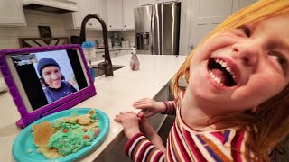 Adley Learns how to CALL ME Funny Family facetime and crazy travel routine kids make pancake art [upl. by Ahsi]