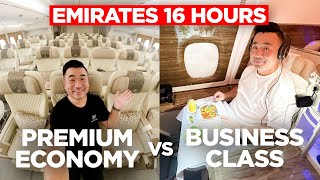 16 Hours in Emirates Premium Economy vs Business Class [upl. by Nagap]